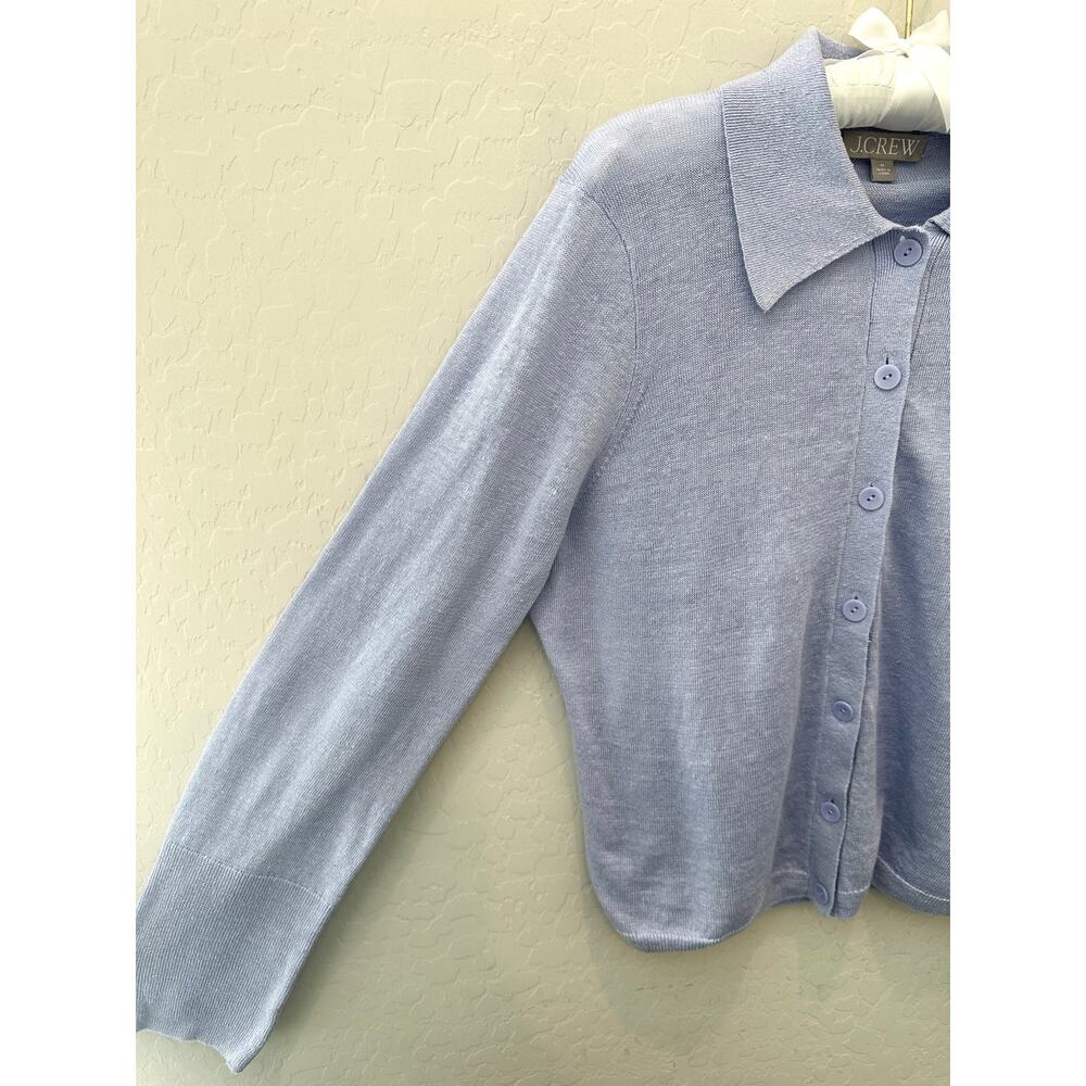 J.CREW 100% Linen Blue Collared Knit Cardigan Sweater Coastal Grandma | Medium - Picture 4 of 7